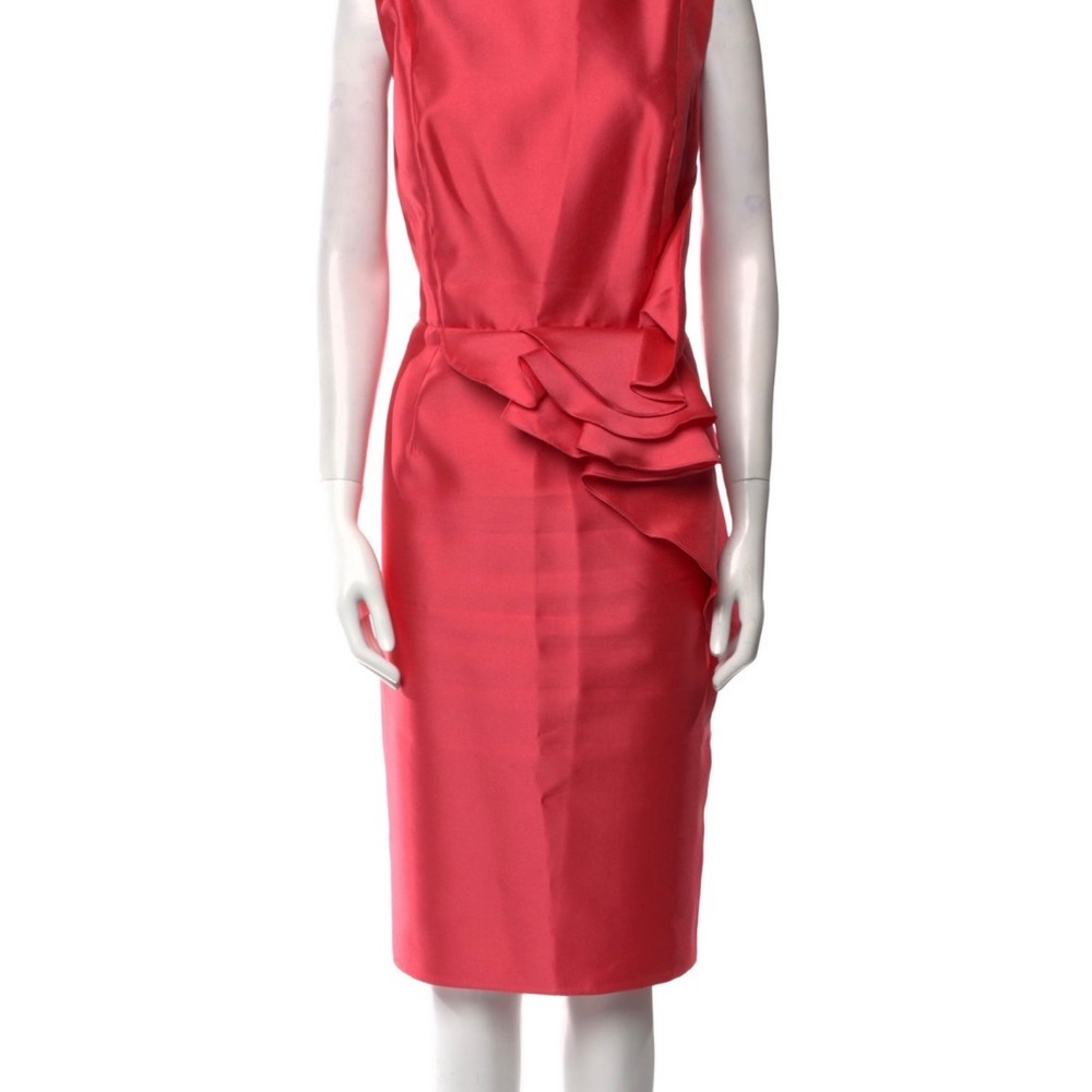 Carmen Marc Valvo Orange Red Asymmetrical Pleated Sheath Midi Dress